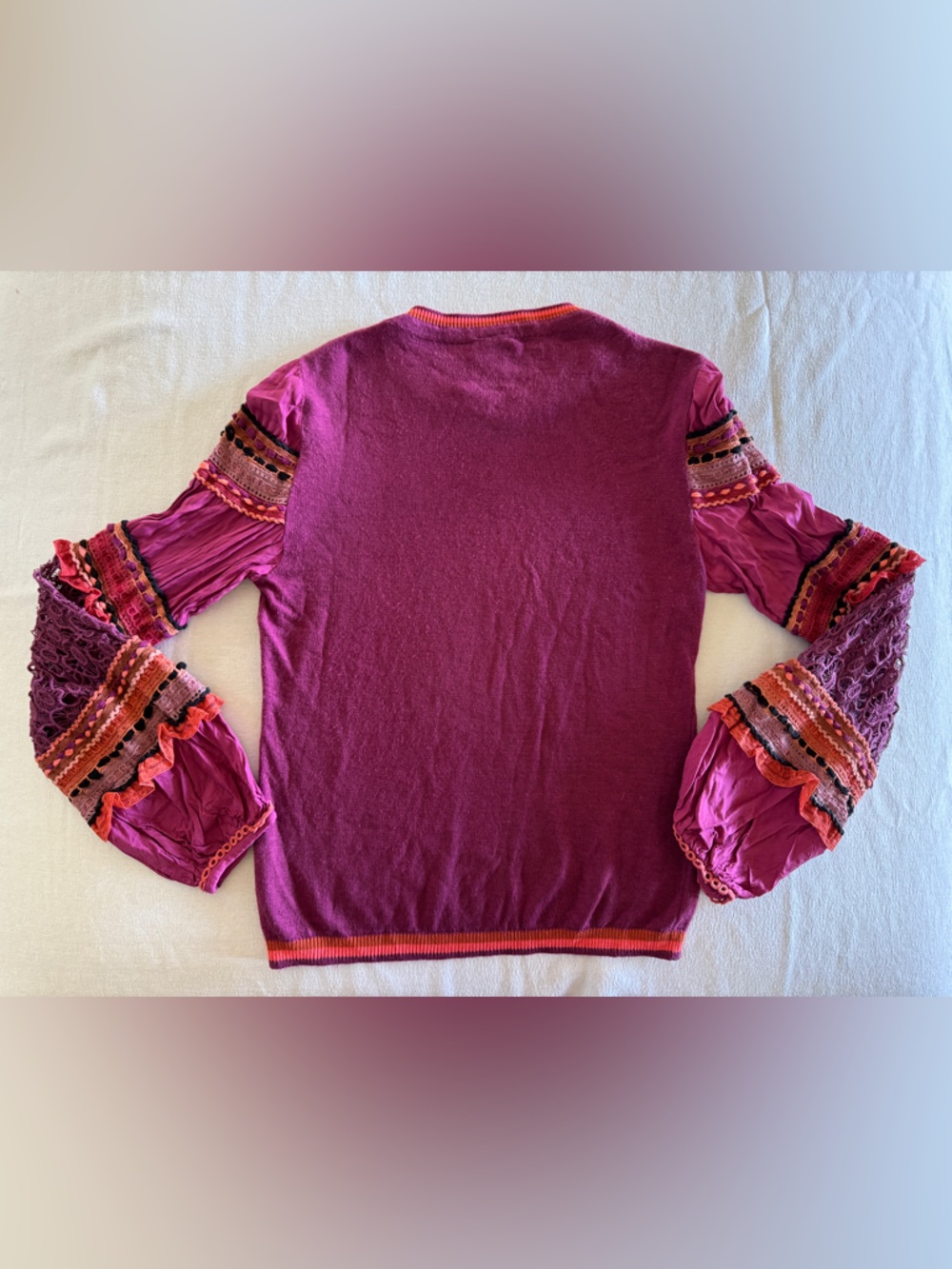 Anthropologie Blank London Emeryl Lace Contrast Sweater Boho Puff Sleeve XS - Picture 3 of 8